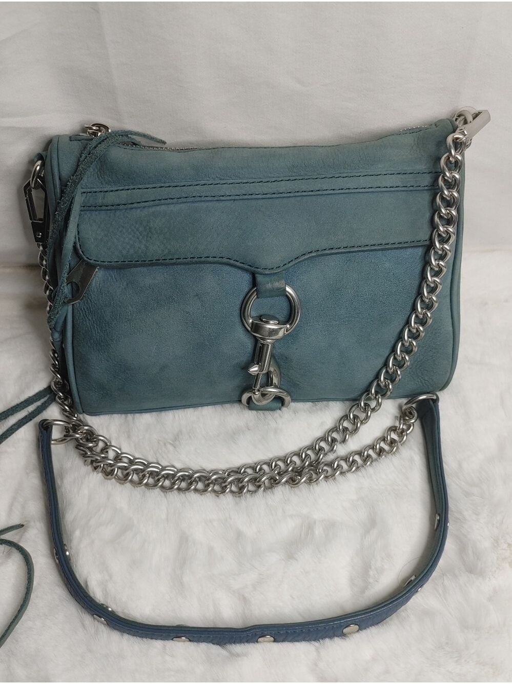 Rebecca Minkoff Blue Suede Leather Crossbody with Silver Chain Studded Strap